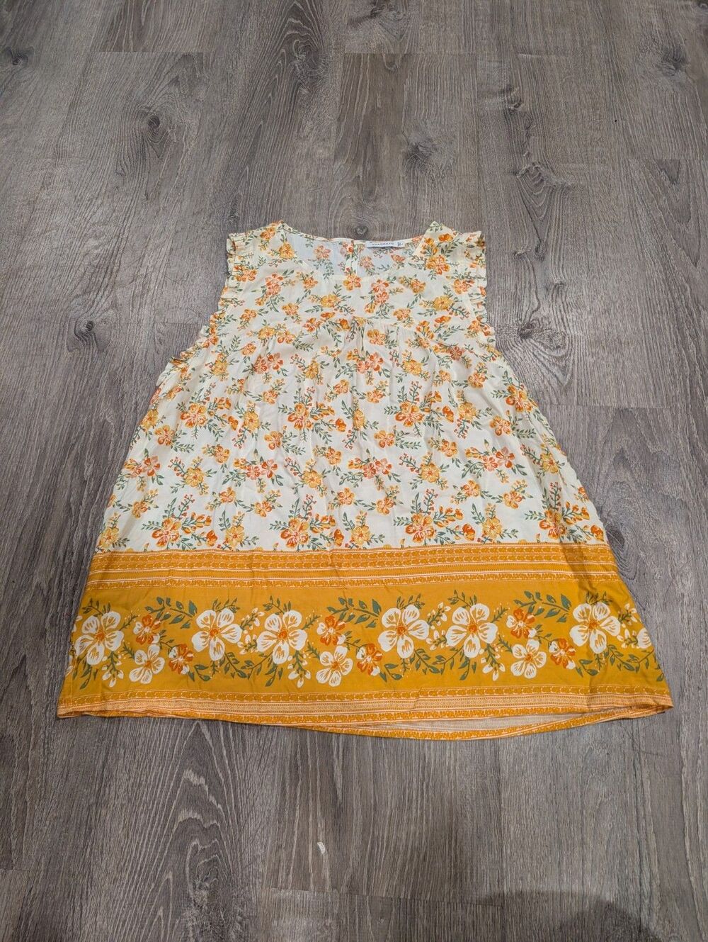 Staccato Floral Border Print Tank Top Women's Orange Yellow Boho Blouse Size L